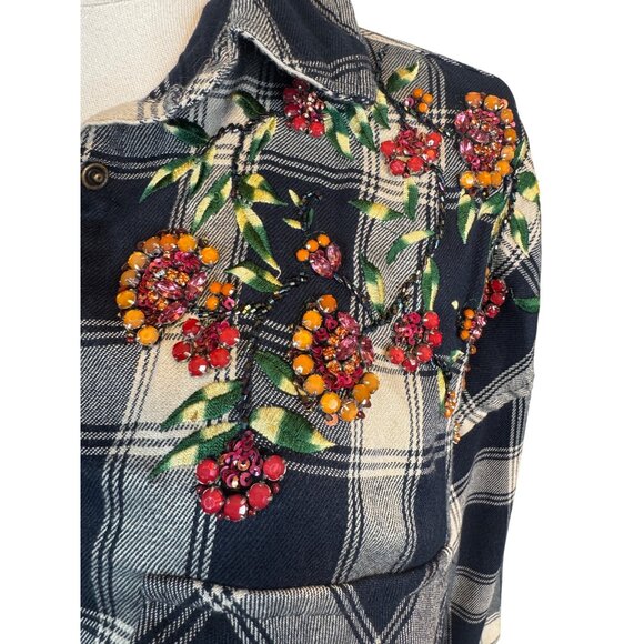 2/$30 ZARA S Plaid Navy Blue Longline Shirt Jacket Floral Beading & Snaps - Picture 9 of 16